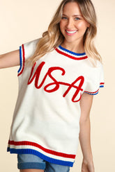 Trendy Letter Embroidery Slit Knit Top for Women - Chic Acrylic Fashion
